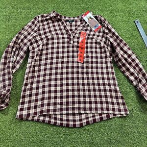 Felina Women's Lurex Plaid Top, Red Burgundy M